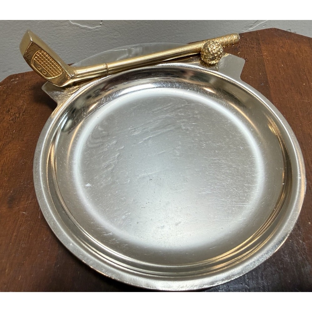 Vtg Golf Club & Ball Metal Coaster Ashtray Trinket Dish Taiwan Golfing Gift Bar